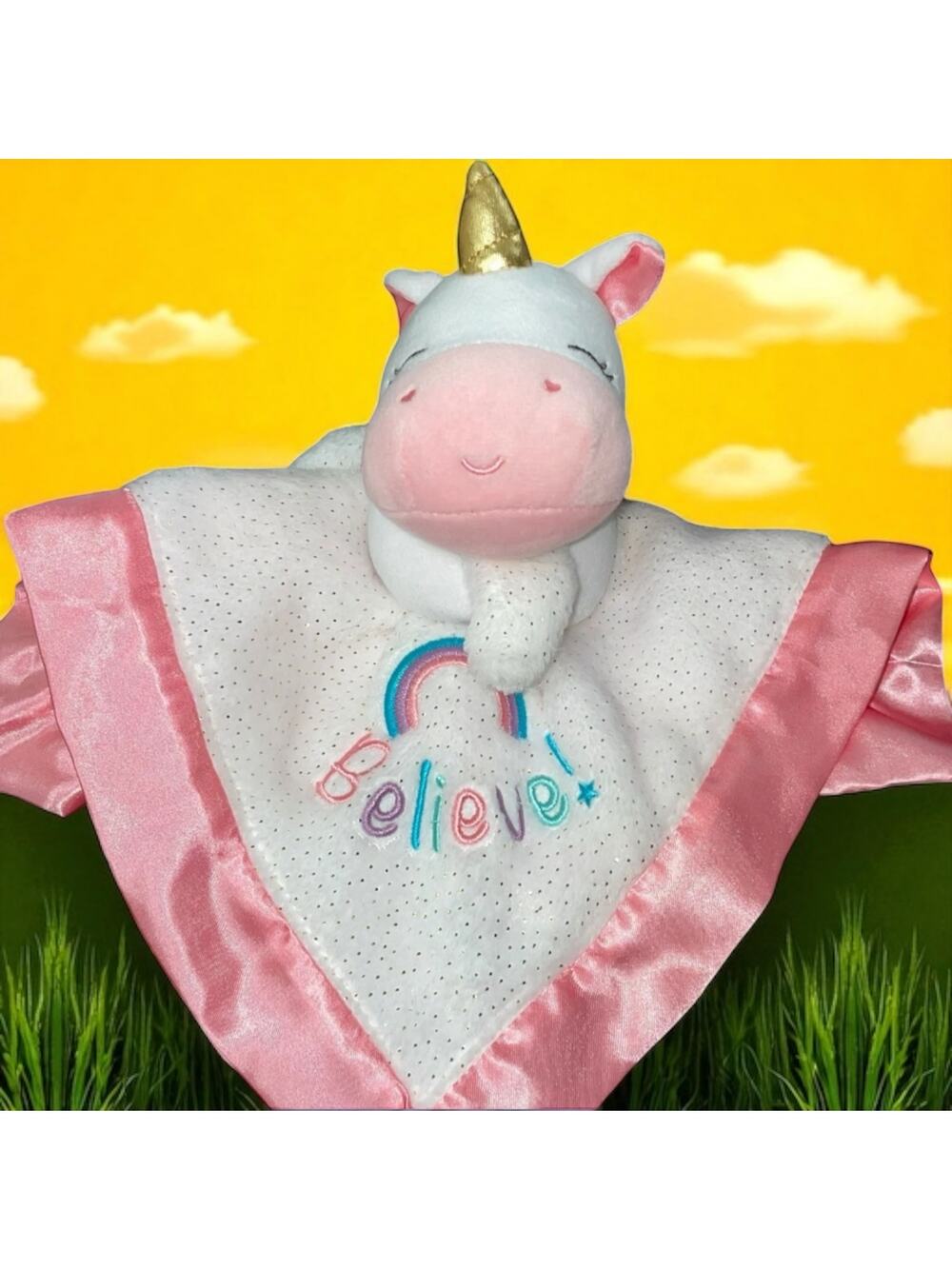 Magic Years Pink Unicorn Lovey Security Blanket Believe Rainbow Rattle Satin 13"